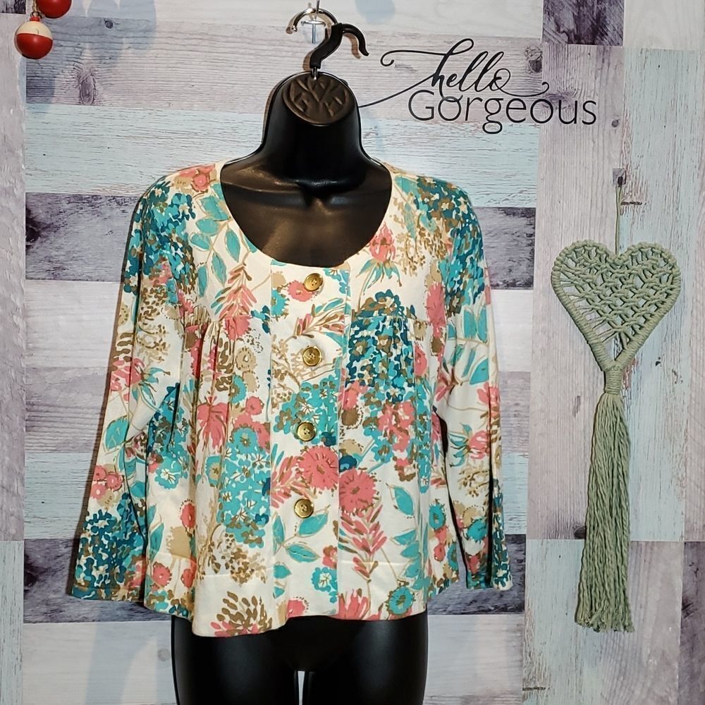 Emma James Creamy Teal Peach Floral Stretchy Sweater, Sz L